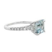 18kt White Gold Natural Square Emerald Aquamarine and Natural Round Diamond Prong Set Ring (1.67ct)