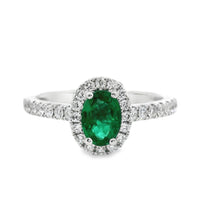 18kt White Gold Natural Oval Emerald and Natural Round Diamond Halo Ring (.86ct)