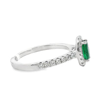 18kt White Gold Natural Oval Emerald and Natural Round Diamond Halo Ring (.86ct)