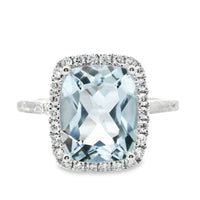 18kt White Gold Natural Cushion Aquamarine and Natural Diamond Halo Ring (3.14ct)