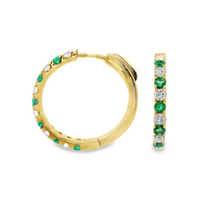 18kt Yellow Gold Natural Round Diamond and Natural Round Emerald Medium Hoop Earrings (1.06ct)
