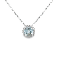 18kt White Gold Natural Round Aqua and Natural Round Diamond Halo Pendant (.67ct)