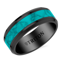Triton Black 8mm Tungsten and Crushed Turquoise Inlay Beveled Edge Polished Finish Ring