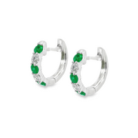 18kt White Gold Natural Round Diamond and Natural Round Emerald Huggie Earrings (.56ct)