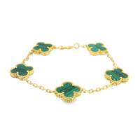 18kt Yellow Gold 7.5" Natural Malachite Clover Bracelet (4.34ct)