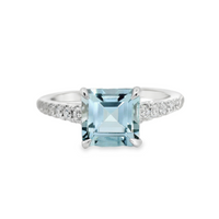 18kt White Gold Natural Square Emerald Aquamarine and Natural Round Diamond Prong Set Ring (1.67ct)