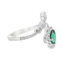 18kt White Gold Natural Pear Emerald and Natural Pear and Round Diamond Halo Ring (1.42ct)
