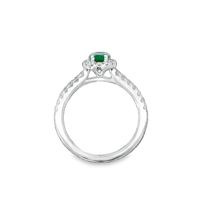 18kt White Gold Natural Oval Emerald and Natural Round Diamond Halo Ring (.86ct)
