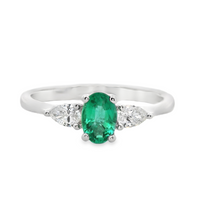 18kt White Gold Natural Oval Emerald and Natural Pear Diamond 3-Stone Ring (.61ct)