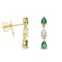 18kt Yellow Gold Natural Pear Diamonds and Natural Emeralds Drop Earrings (.86ct)