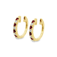 18kt Yellow Gold Natural Round Diamond and Natural Round Ruby Small Hoop Earrings (.44ct)