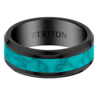 Triton Black 8mm Tungsten and Crushed Turquoise Inlay Beveled Edge Polished Finish Ring