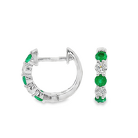18kt White Gold Natural Round Diamond and Natural Round Emerald Huggie Earrings (.56ct)