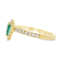 18kt Yellow Gold Natural Pear Emerald and Natural Round Diamond Halo Ring (.74ct)