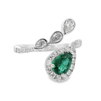 18kt White Gold Natural Pear Emerald and Natural Pear and Round Diamond Halo Ring (1.42ct)