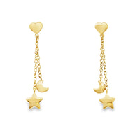18kt Yellow Gold Italian Made Heart Moon and Stars Drop Earrings (2.70g)