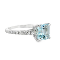 18kt White Gold Natural Square Emerald Aquamarine and Natural Round Diamond Prong Set Ring (1.67ct)