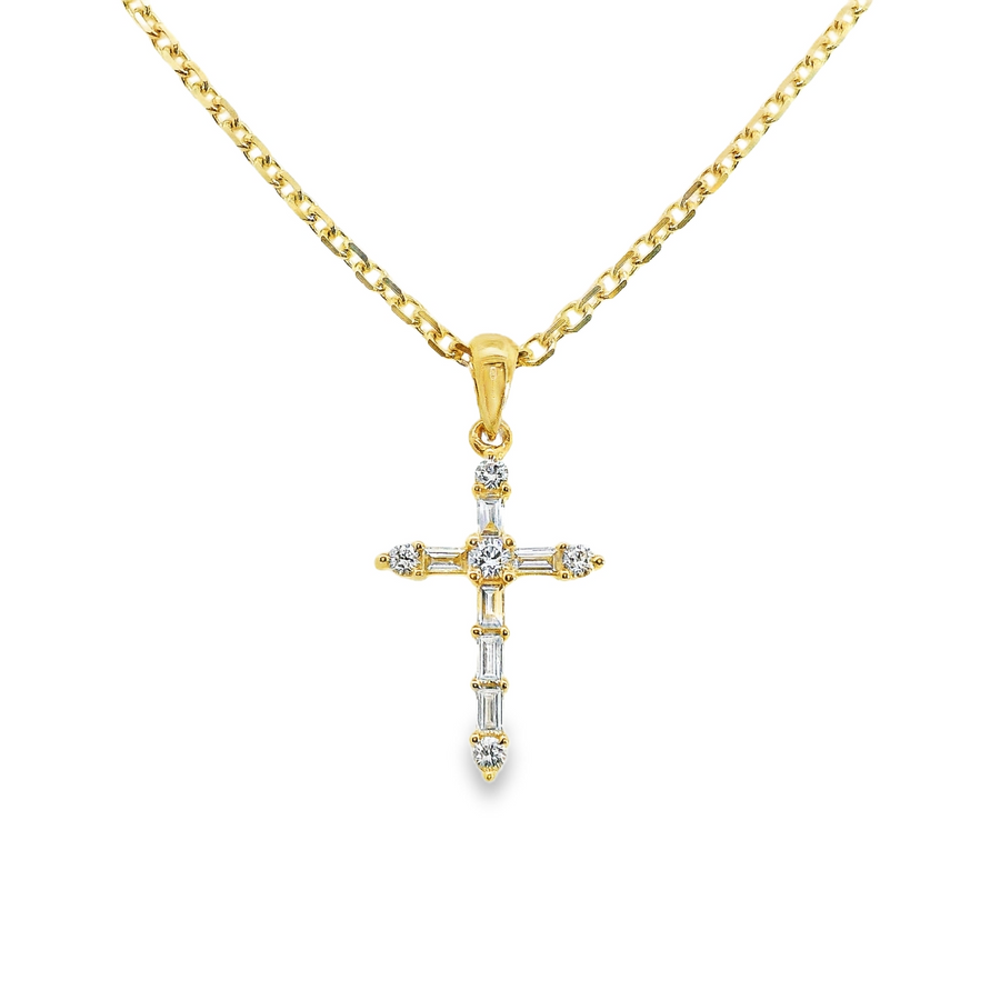 14kt Yellow Gold Cross Pendant with Natural Baguette and Natural Roud Diamonds (0.21ct)