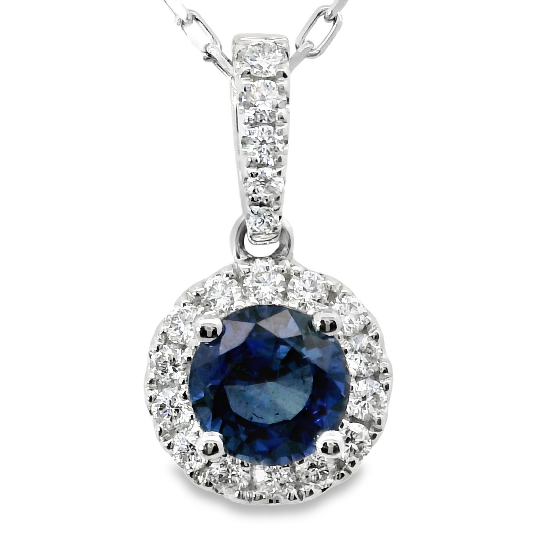 18kt White Gold Natural Round Sapphire and Natural Round Diamond Pendant (1.17ct)