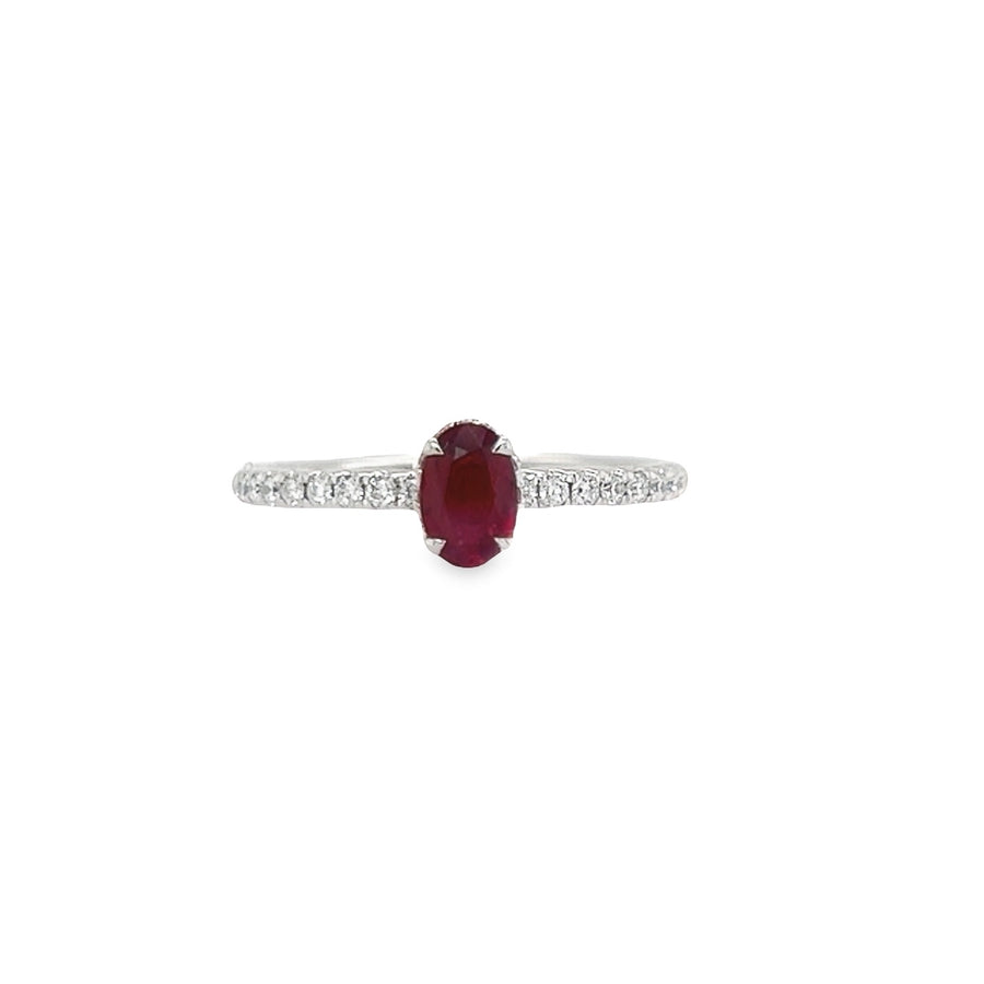 18kt White Gold Oval Natural Ruby and Round Natural Diamonds Ring (0.73ct)