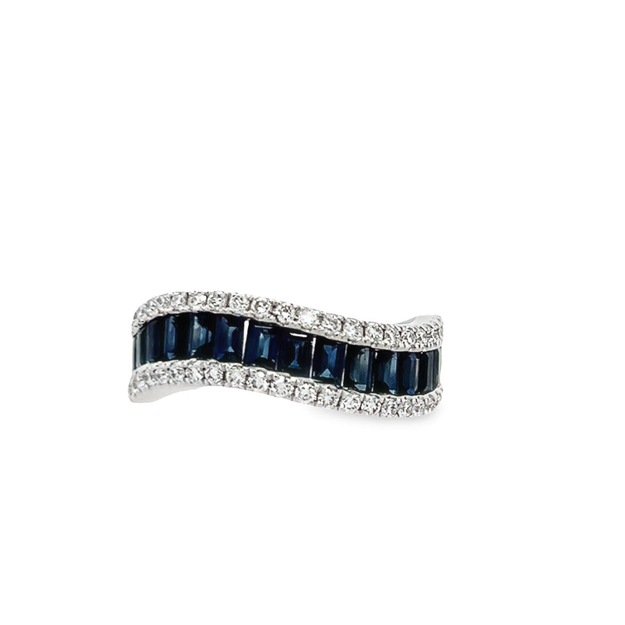 18kt White Gold Round Natural Diamonds and Baguette Natural Sapphires Ring (1.8ct)