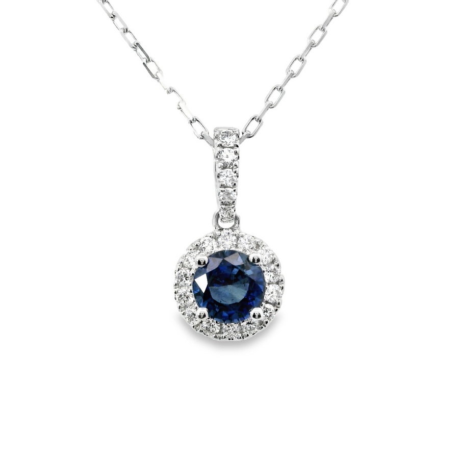18kt White Gold Natural Round Sapphire and Natural Round Diamond Pendant (1.17ct)