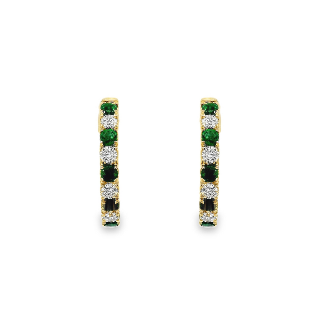 18kt Yellow Gold Natural Round Emerald and Natural Round Diamond Hoop Earrings (.58ct)