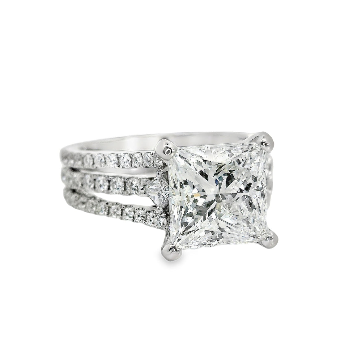 18kt White Gold Prong Set Triple-Shank Lab-Grown Princess and Natural Round Diamonds Engagement Ring (3.64ct)