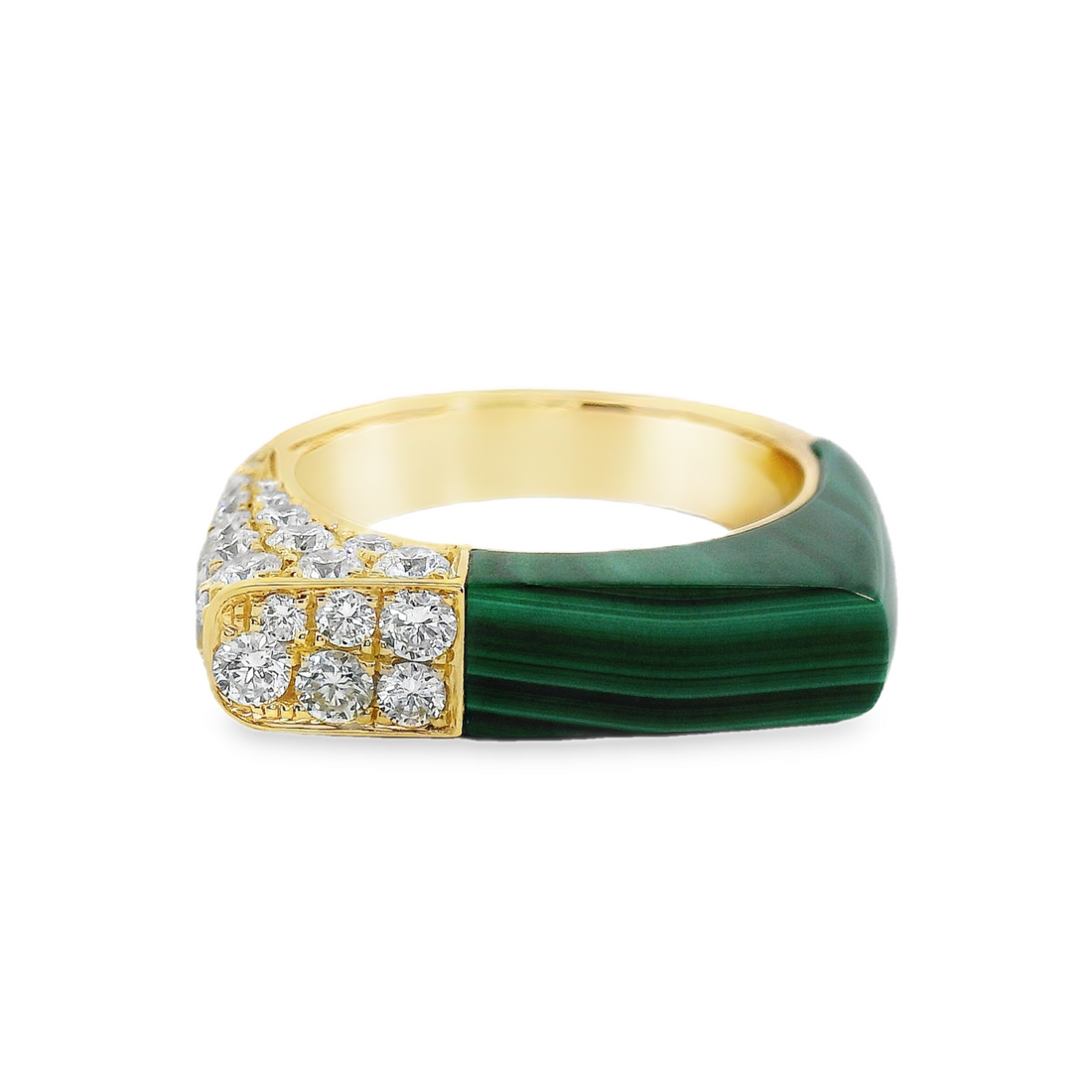 18kt Yellow Gold Round Natural Diamond (1.25ct) and Natural Malachite (6.82ct) Signet Ring