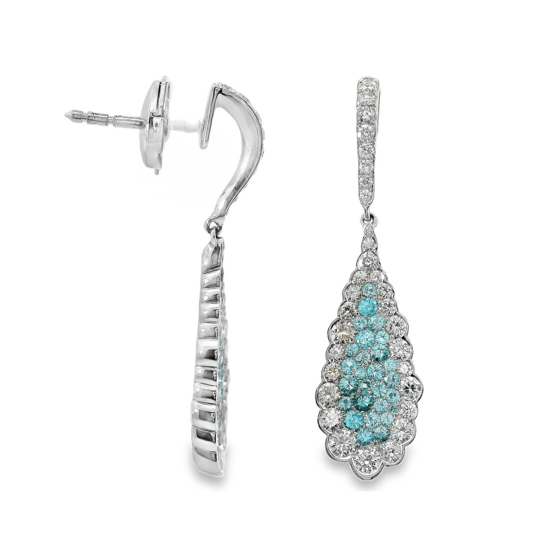 Simon G 18kt White Gold Natural Round Paraiba Tourmaline and Natural Round Diamonds Dangle Earrings (1.68ct)