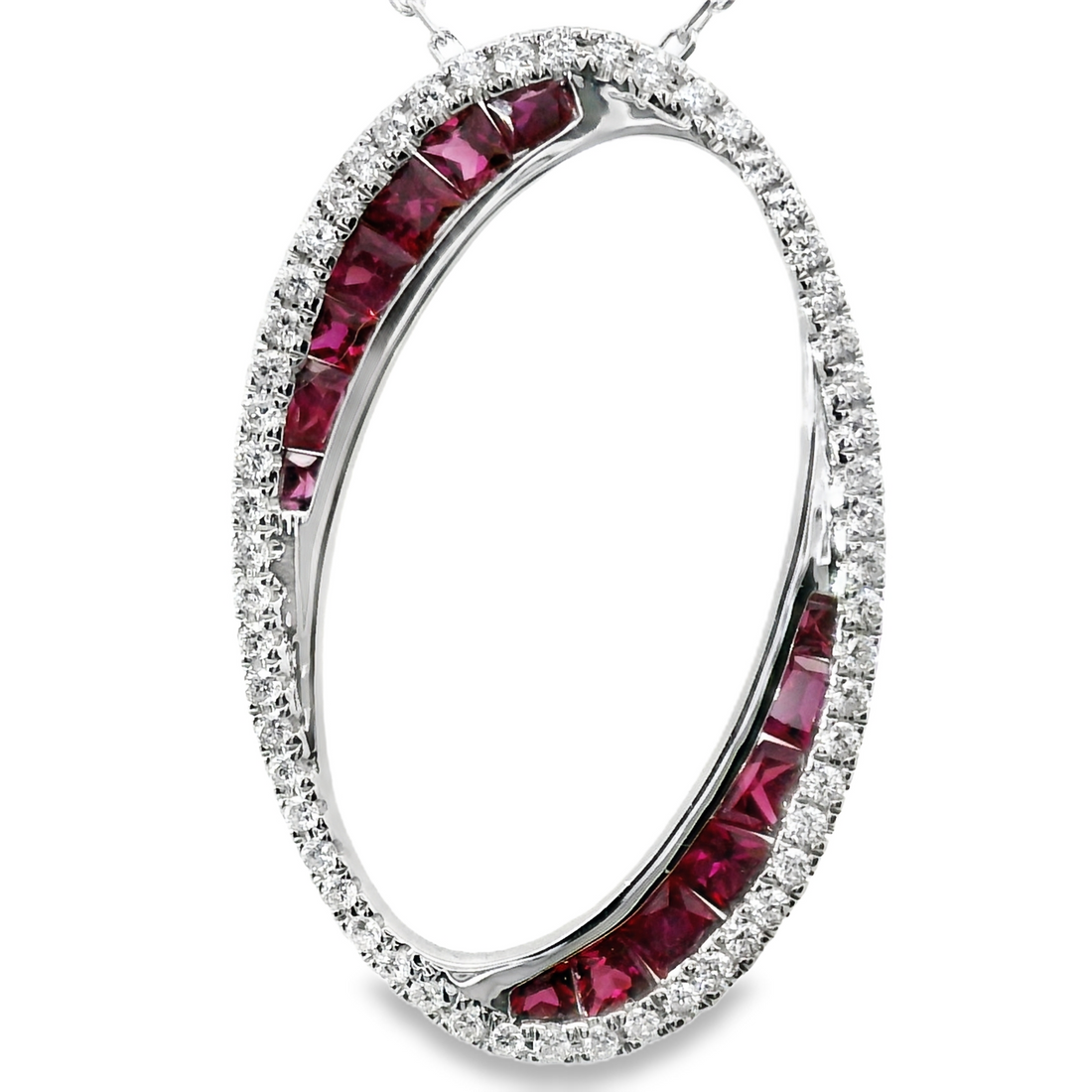 18kt White Gold Natural Princess Cut Rubies and Natural Diamonds Oval Pendant (1.28ct)