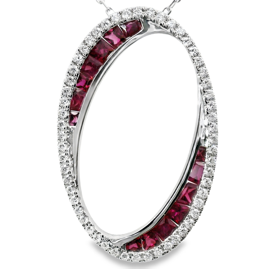 18kt White Gold Natural Princess Cut Rubies and Natural Diamonds Oval Pendant (1.28ct)