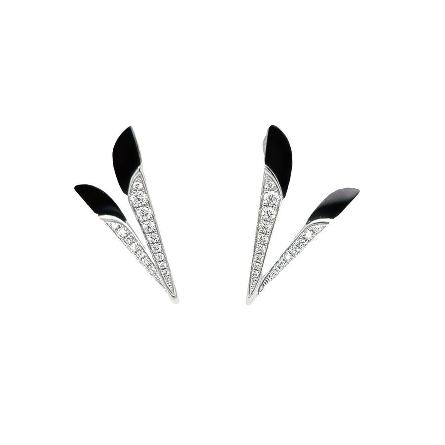 18K White Gold Natural Black Agate (.60ct) and Natural Round Diamond Earrings (.23ct)