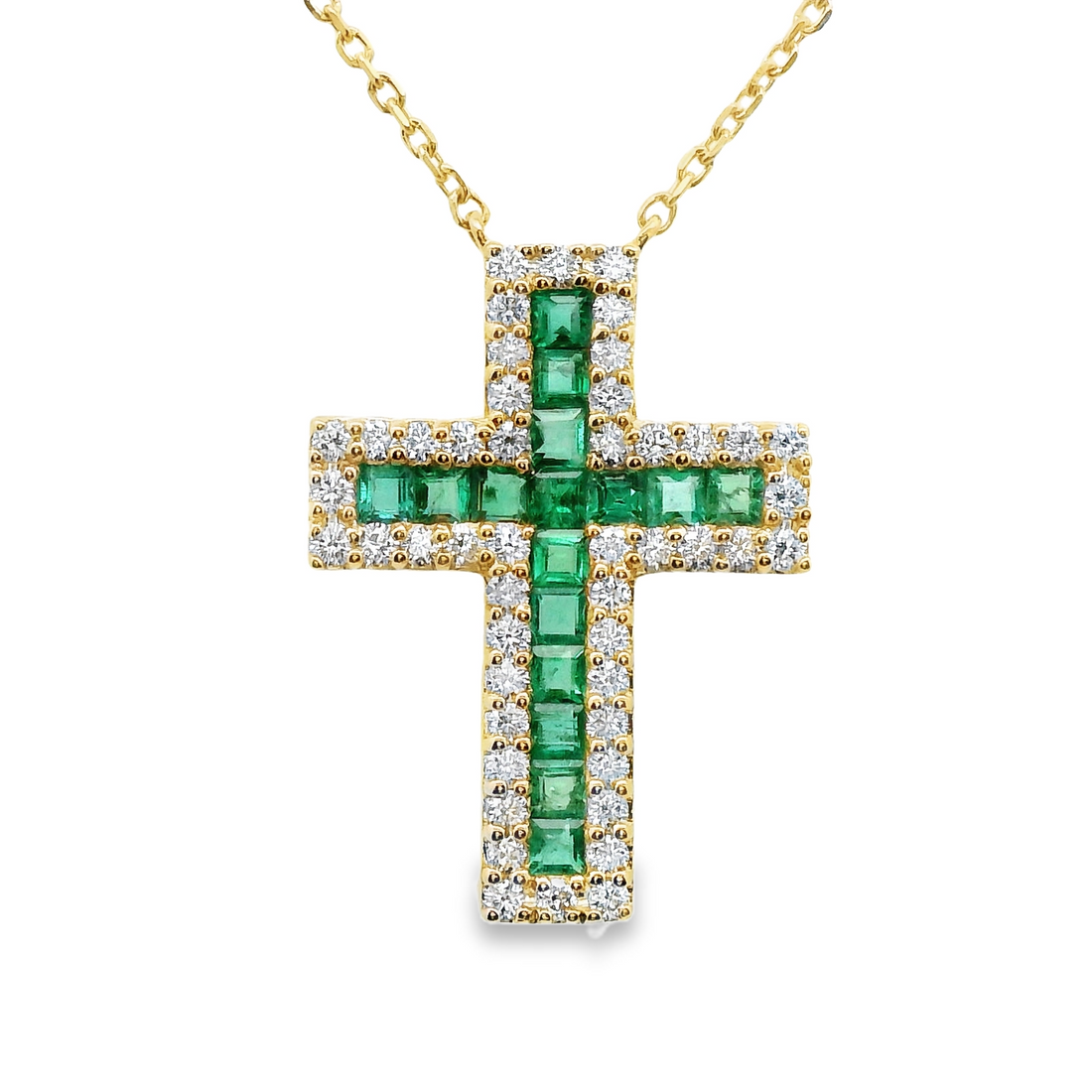 18kt Yellow Gold Natural Emeralds and Diamonds Cross Pendant (0.61ct)