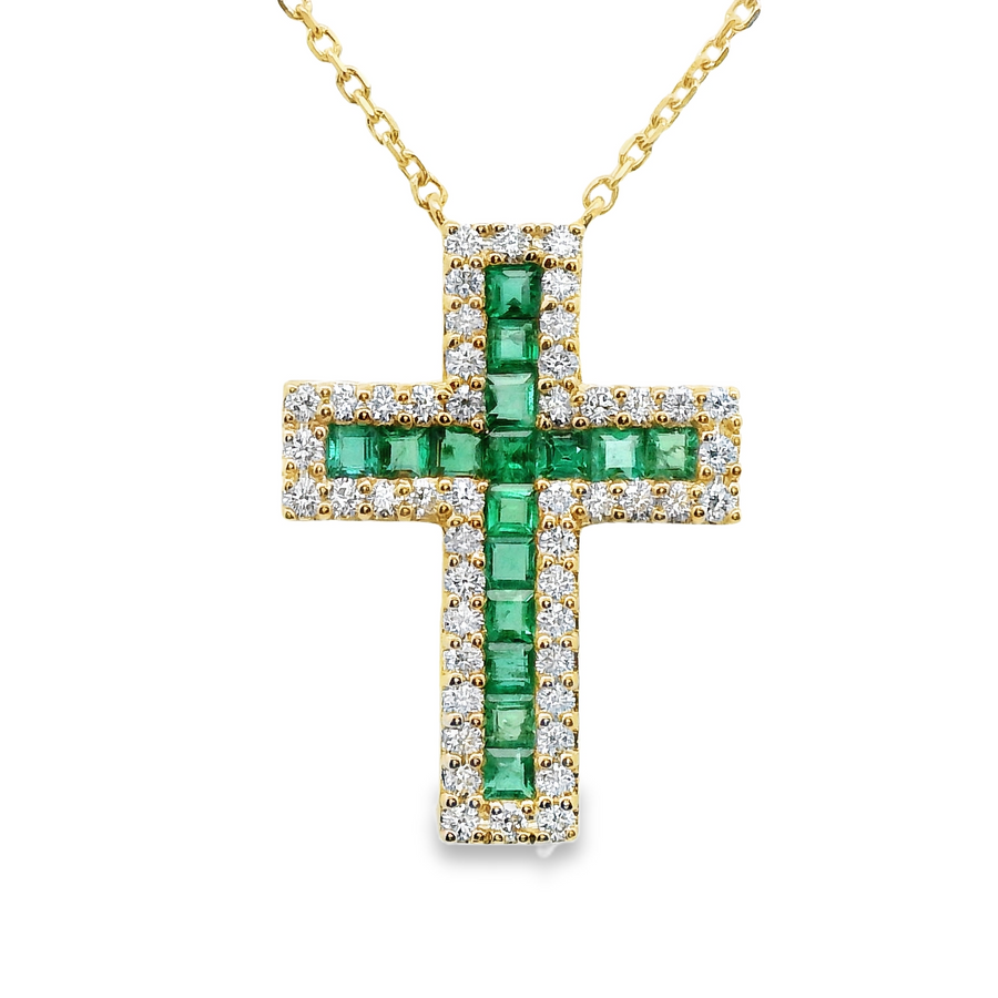 18kt Yellow Gold Natural Emeralds and Diamonds Cross Pendant (0.61ct)