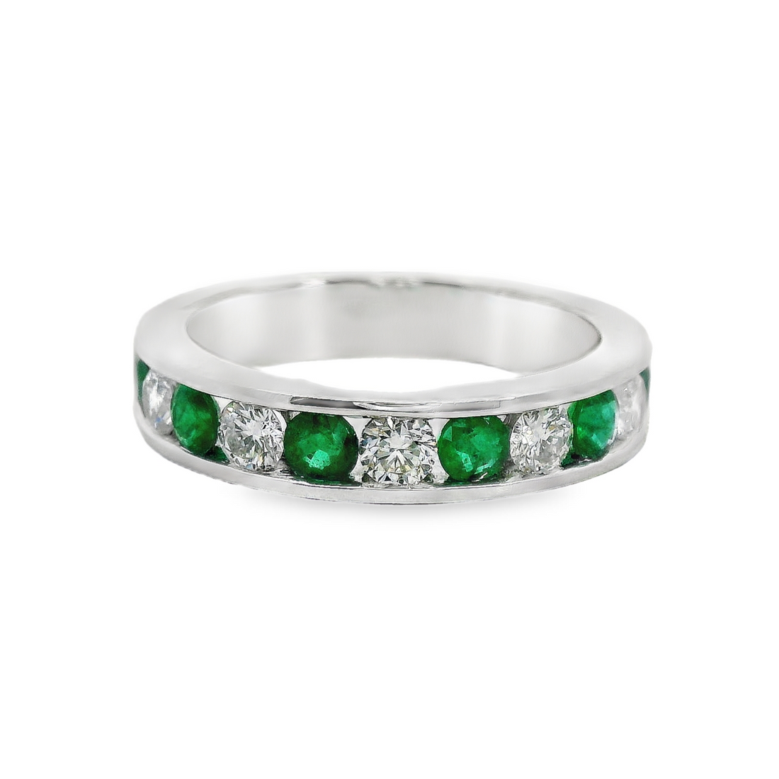 18kt White Gold Natural Round Emerald and Natural Round Diamond Channel Set Ring (1.00ct)