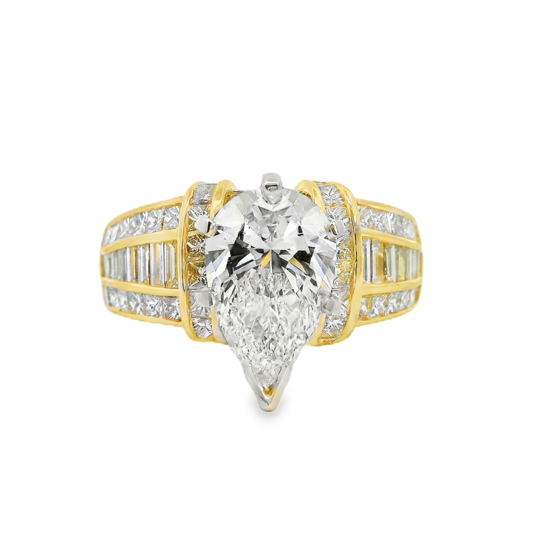 18kt Yellow Gold Lab-Grown Pear Diamond and Natural Channel-Set Princess and Baguette Diamond Engagement Ring (3.57ct)