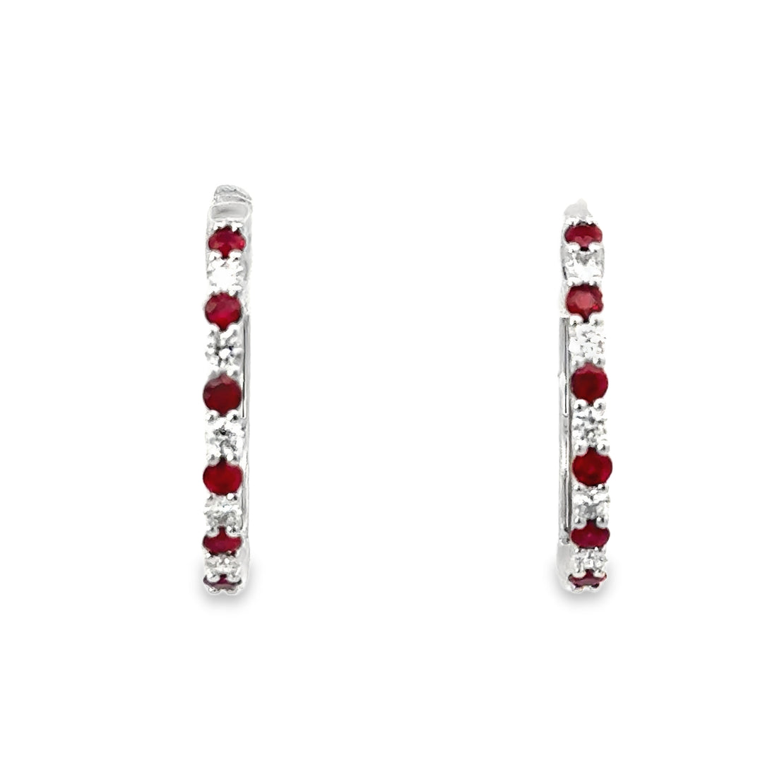 18kt White Gold Natural Round Rubies and Full-Cut Diamond Hoop Earrings (.59ct)