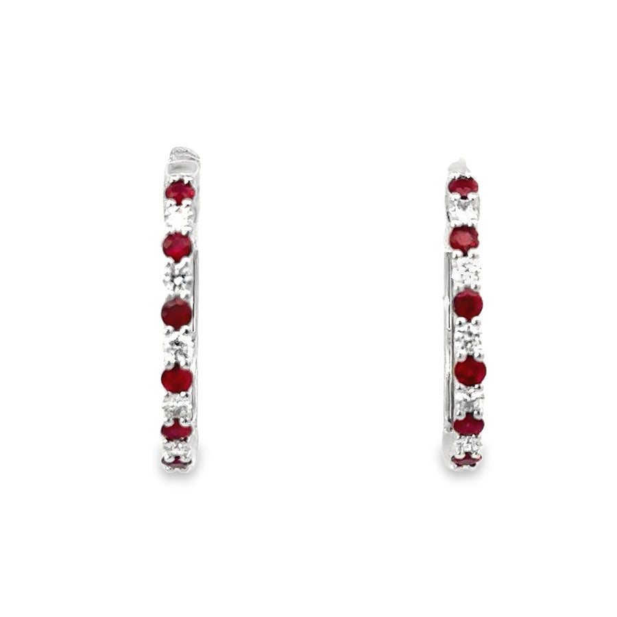 18kt White Gold Natural Round Rubies and Full-Cut Diamond Hoop Earrings (.59ct)