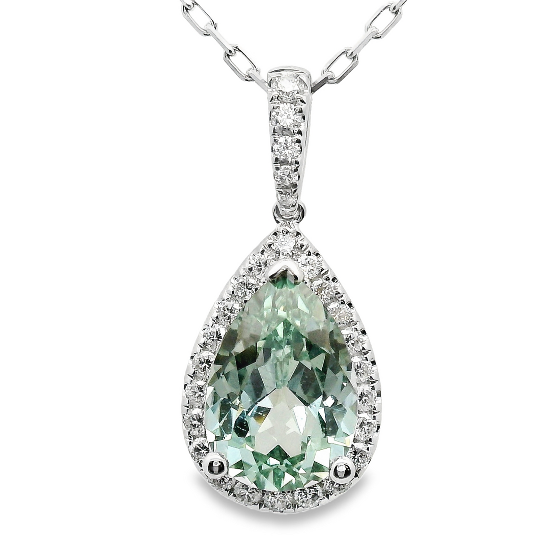 18kt White Gold Lab-Grown Pear Green Sapphire and Natural Diamonds Halo Pendant (2.89ct)