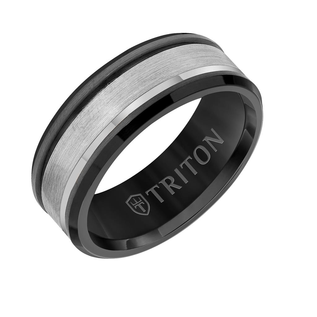 Triton Satin Finish Bevel Edge Contemporary Gun Metal and White Tungsten 8mm Ring