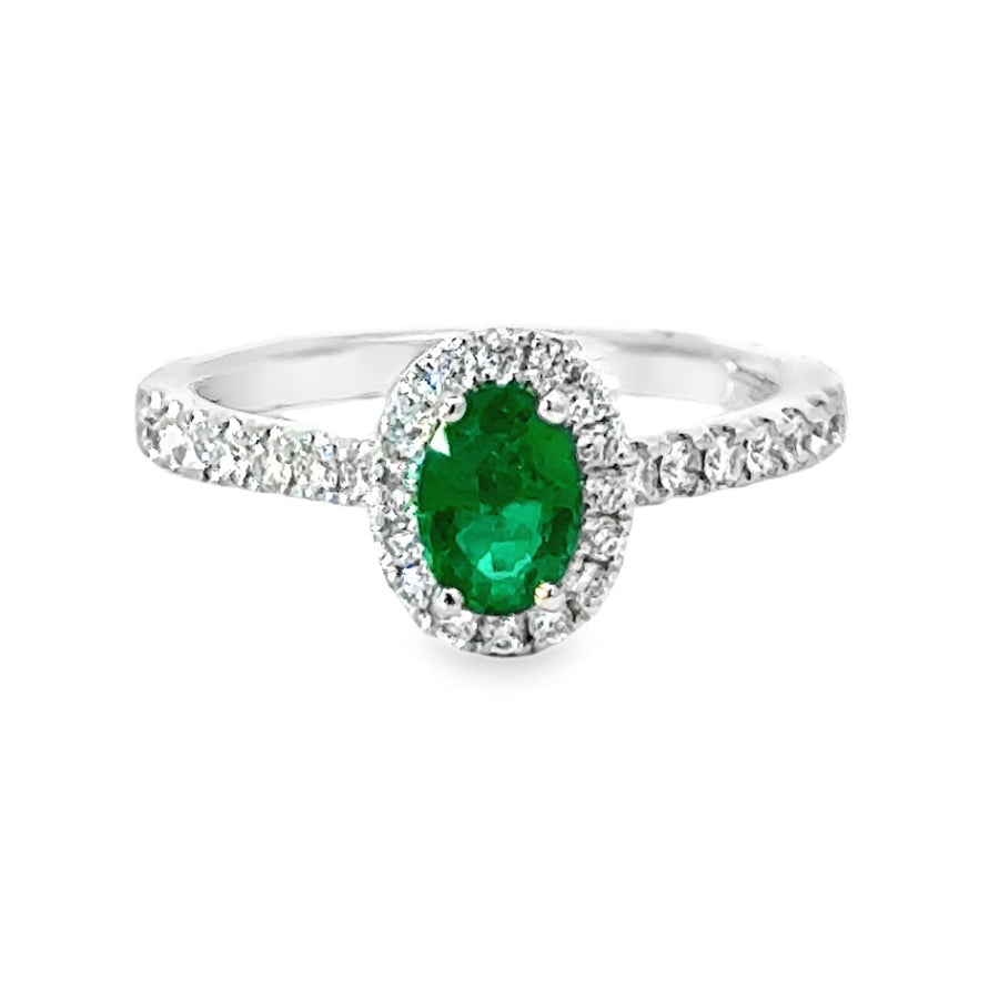 18kt White Gold Oval Natural Emerald and Round Natural Diamond Halo Ring (.86ct)