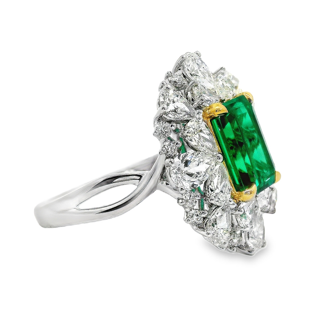 18kt Two-Tone Gold Lab-Grown Emerald and Lab-Grown Round and Pear Diamond Ring (4.16ct)