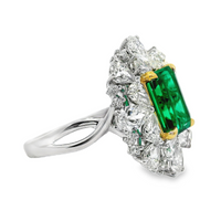 18kt Two-Tone Gold Lab-Grown Emerald and Lab-Grown Round and Pear Diamond Ring (4.16ct)