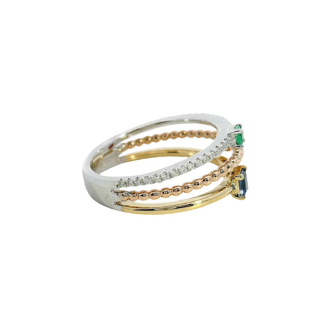 18kt Tri-Color Natural Diamond, Princess Sapphire, Marquise Ruby, and Round Emerald Fashion Ring (.51ct)