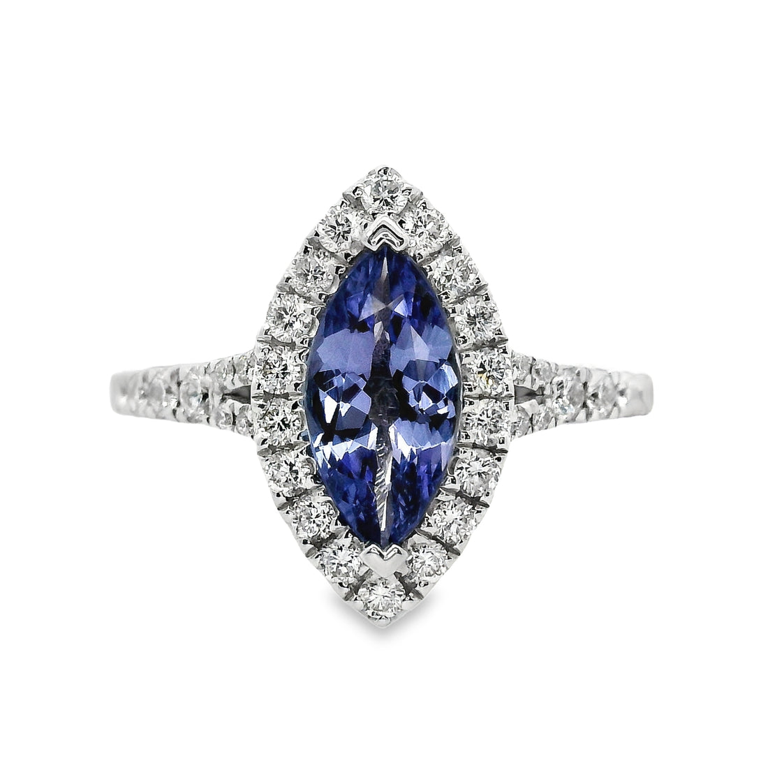 18kt White Gold Marquise Natural Tanzanite and Round Natural Diamonds Ring (1.4ct)