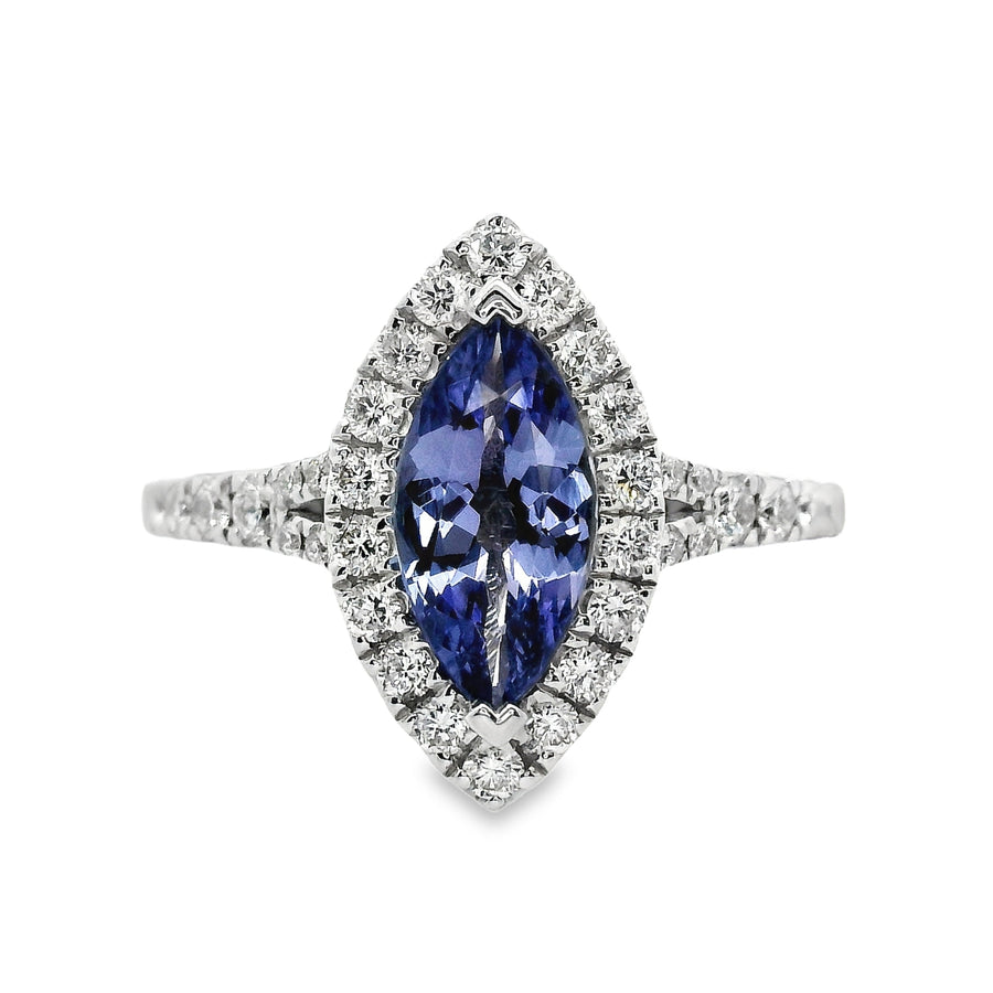 18kt White Gold Marquise Natural Tanzanite and Round Natural Diamonds Ring (1.4ct)