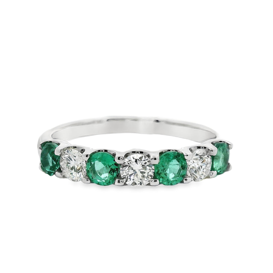 18kt White Gold Round Natural Emeralds and Round Natural Diamonds Ring (0.96ct)
