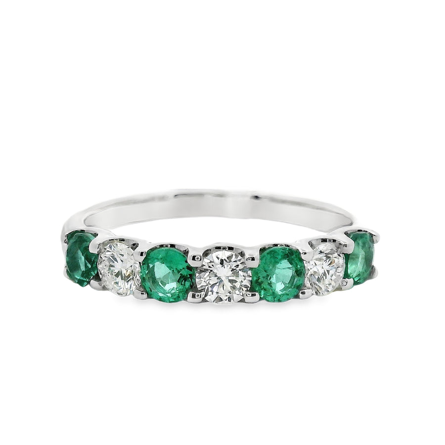 18kt White Gold Round Natural Emeralds and Round Natural Diamonds Ring (0.96ct)