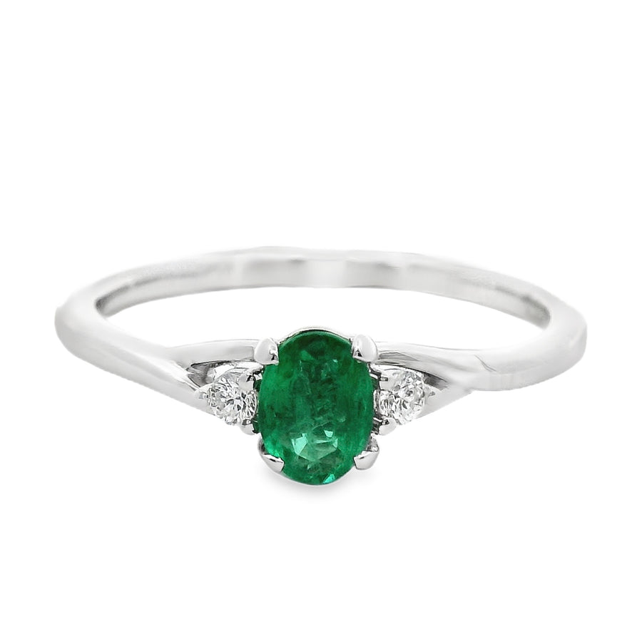 18kt White Gold Emerald Natural Emerald and Round Natural Diamonds Ring (0.31ct)